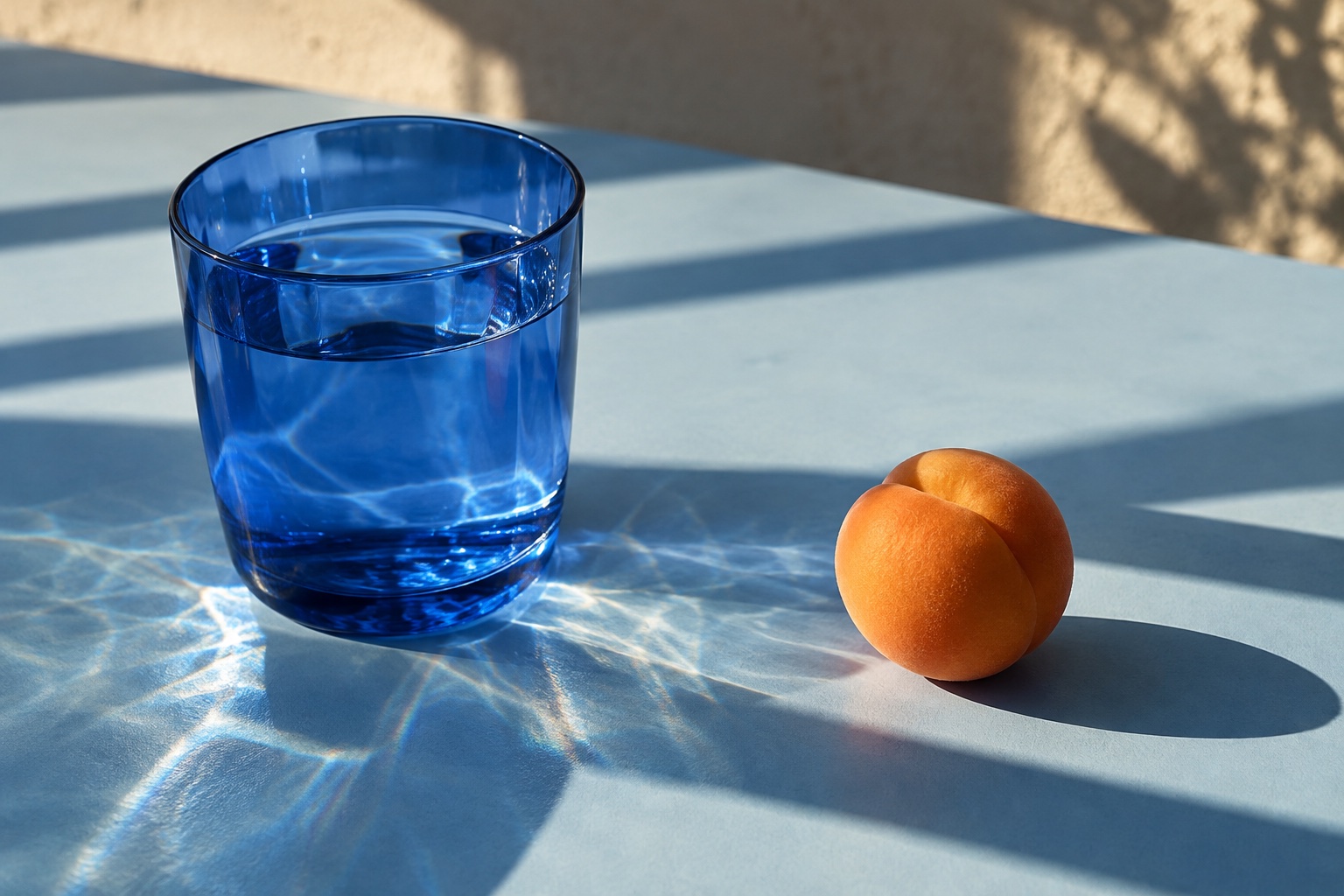 Sunlight through a cobalt glass beside an apricot on a blue table